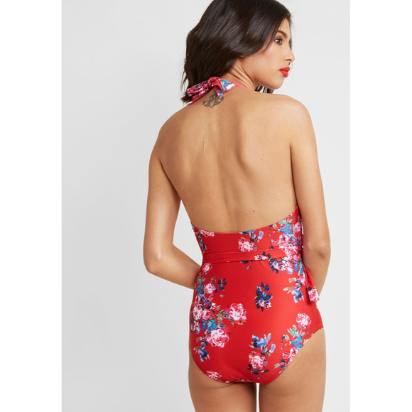 Modcloth The Reese Floral One Piece Red One Piece Swimsuit Size Small - Picture 6 of 6